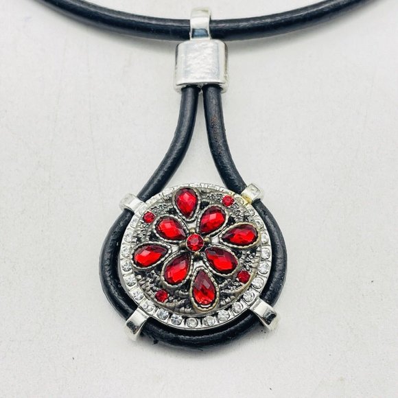 Red Rhinestone Pendant Necklace Silver Tone Black Faux Leather Cord Boho Classic - Picture 3 of 7
